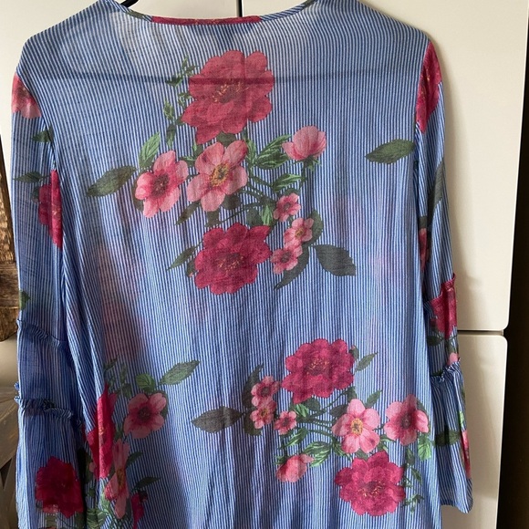 Zac & Rachel Women’s Small Blouse Floral On  Blue White Strips - Picture 2 of 8